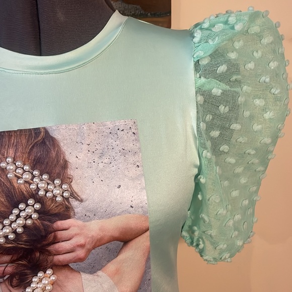 Miss Mia Mia Mint Green Balloon Sleeve Spandex T-shirt Top Size Medium - Picture 6 of 16